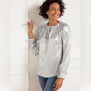 Talbots Silver Metallic Smocked Top